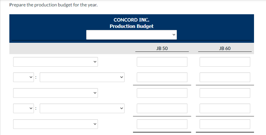 JB 50 Product JB 60 Sales budget: Anticipated volume in units 344,000