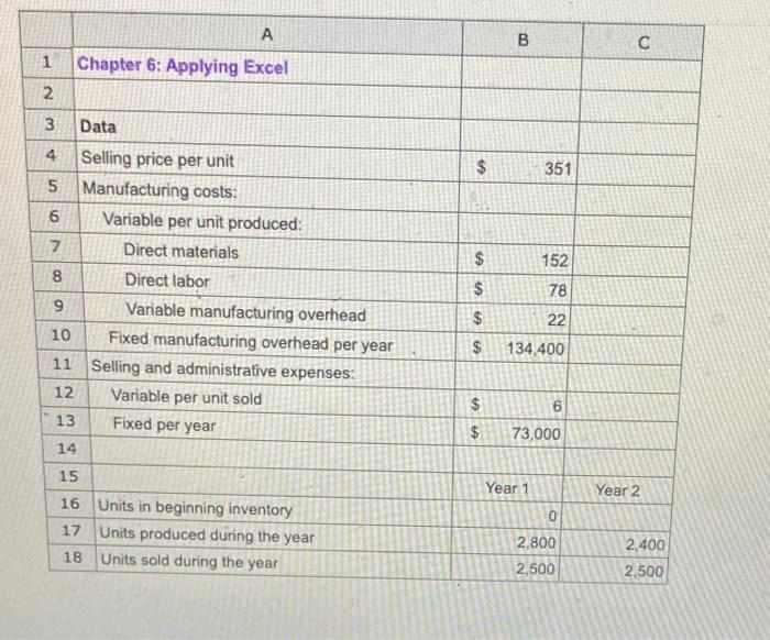Excel question thanks!! A B C 1 Chapter 6: Applying Excel 2
