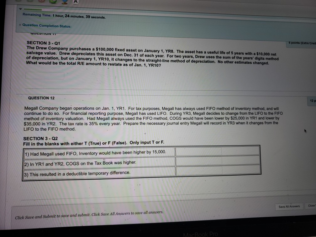 Remaining Time: 1 hour, 24 minutes, 39 seconds. Question Completion Status:
