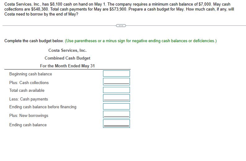  Costa Services, Inc., has $8,100 cash on hand on May 1.