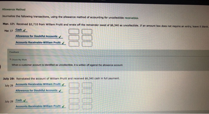 method of accounting for uncollectible receivables Mar. 17. Received $2,710 from Matthew