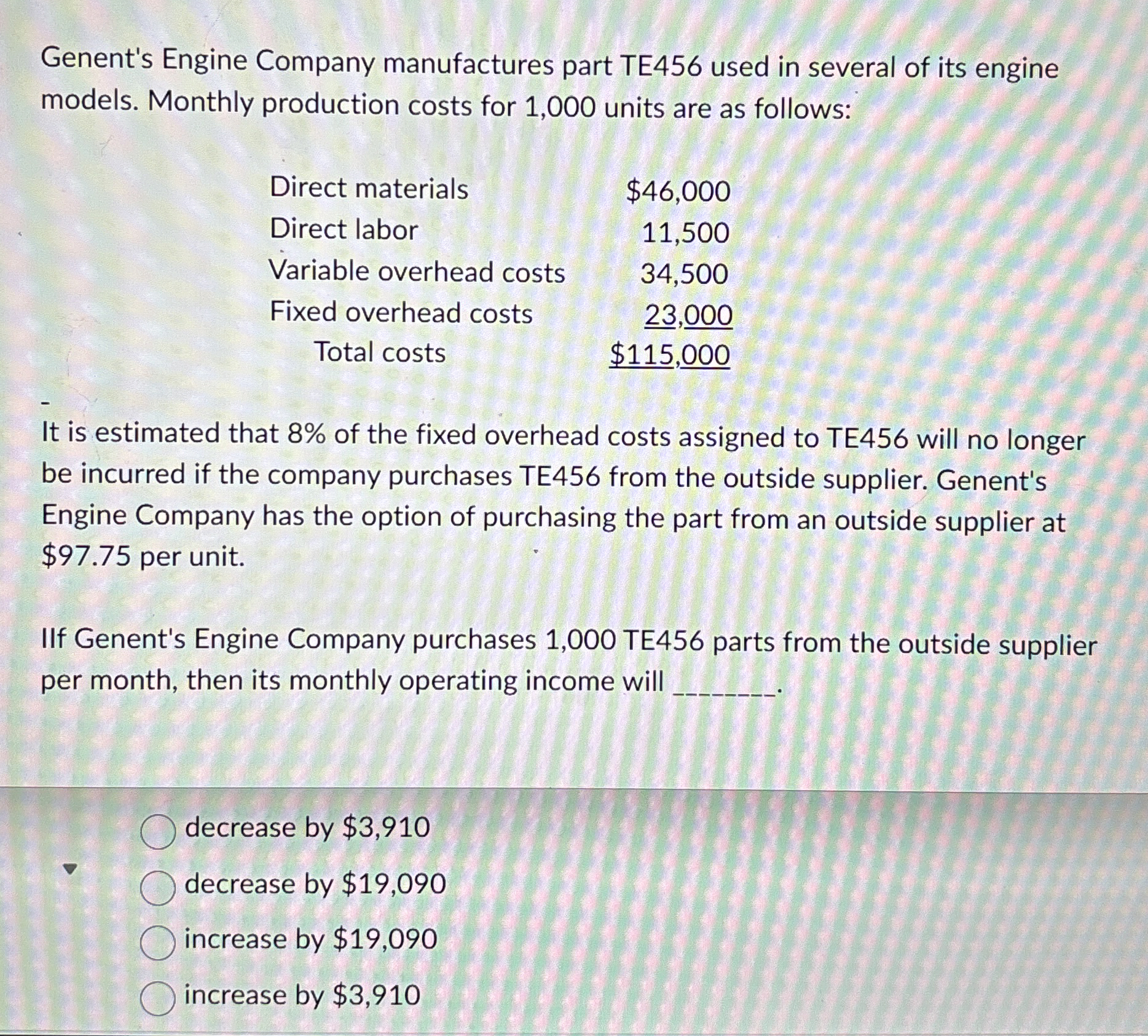  decrease by $3,910 decrease by $19,090 increase by $19,090 increase by