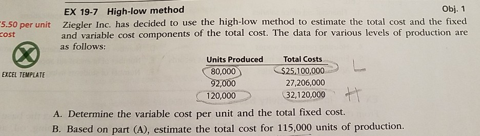  5.50 per unit cost EX 19-7 High-low method Obj. 1 Ziegler