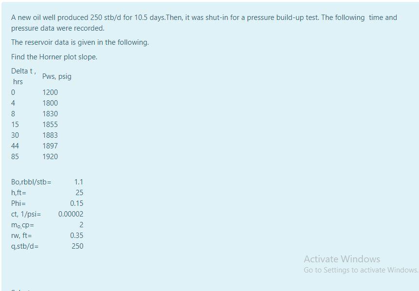 PLEASE SHOW WORKING/CALCULATIONS Select one: a. 70 psi /log cycle b. 50