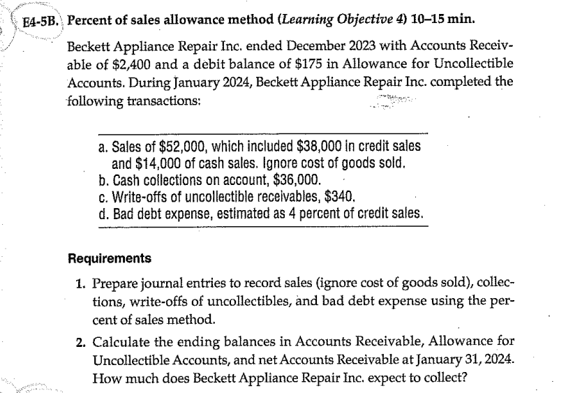 Percent of sales allowance method (Learning Objective 4) 10-15 min. Beckett