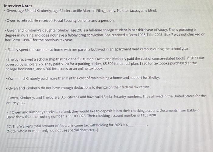  Interview Notes - Owen, age 69 and Kimberly, age 64 elect