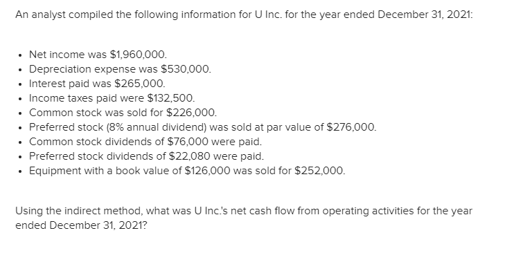 An analyst compiled the following information for U Inc. for the