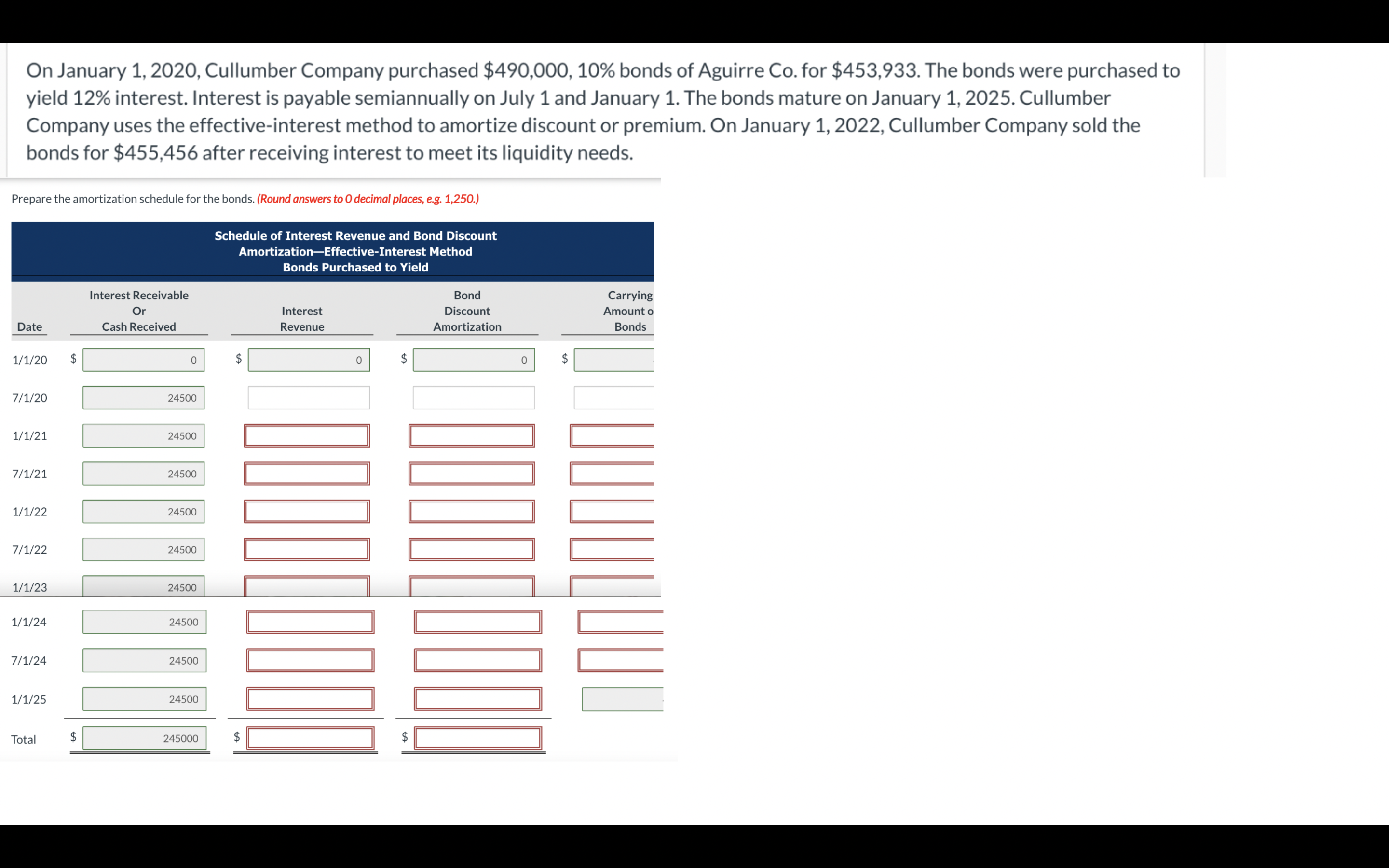  On January 1,2020, Cullumber Company purchased $490,000,10% bonds of Aguirre Co.