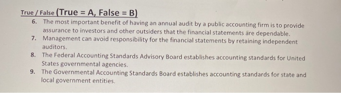  True / False (True = A, False = B) 6. The