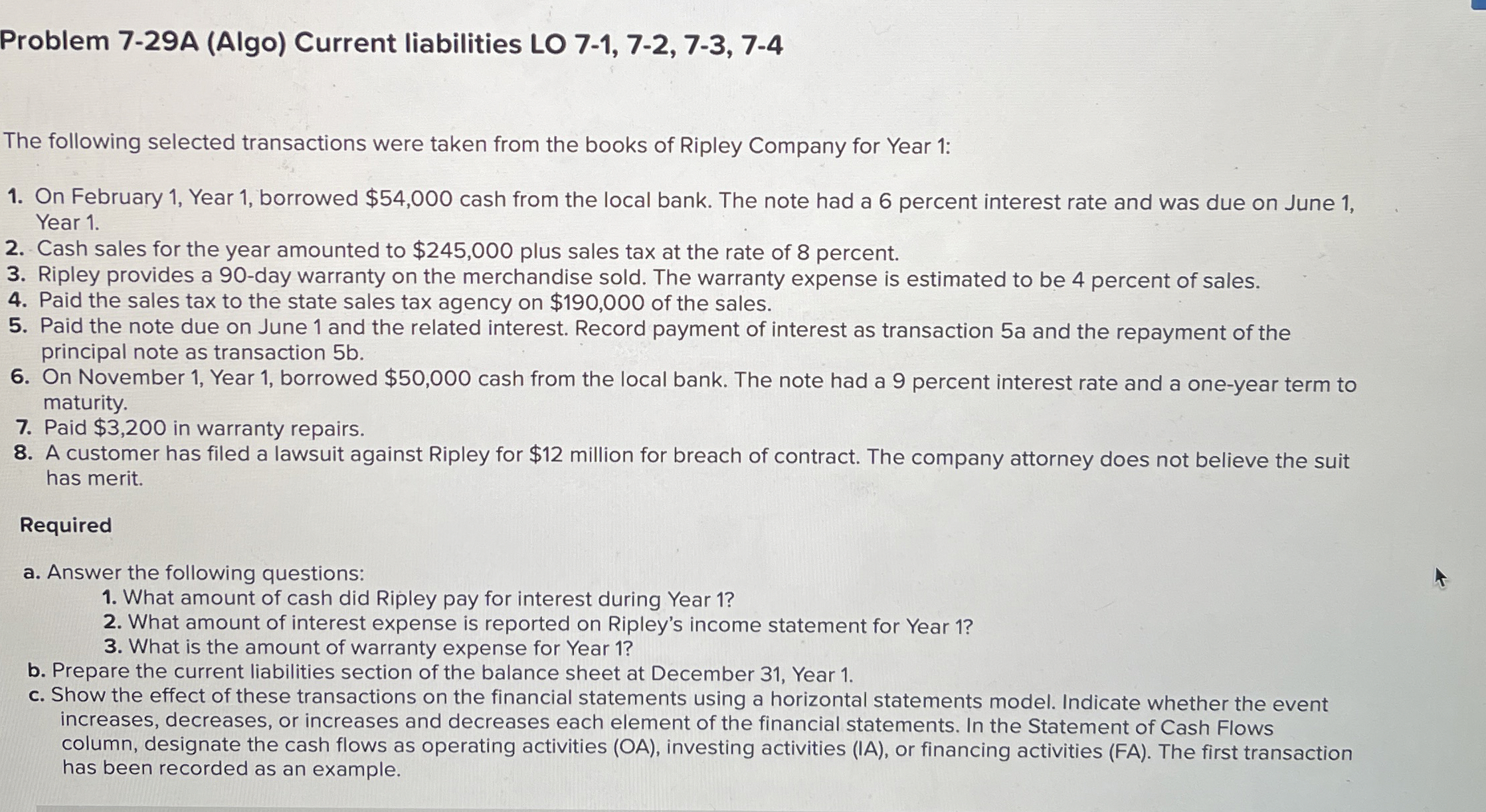  Problem 7-29A (Algo) Current liabilities LO 7-1,7-2,7-3,7-4 The following selected transactions