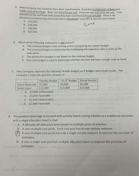  S. Mala Company has 2 product lines, Basic and Premium, It