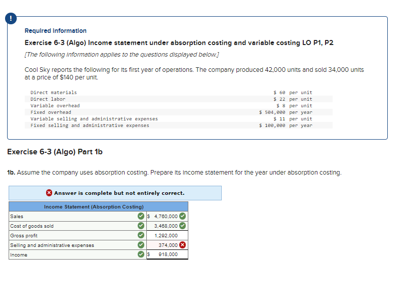 Exercise 6-3 (Algo) Income statement under absorption costing and variable costing LO