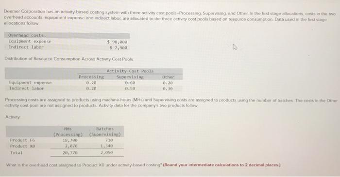  Deemer Corporation has an activity based costing system with three activity