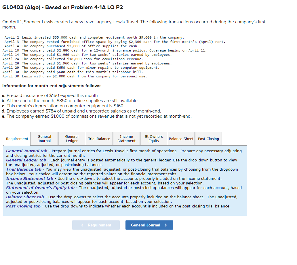 GLO402 (Algo) - Based on Problem 4-1A LO P2 On April