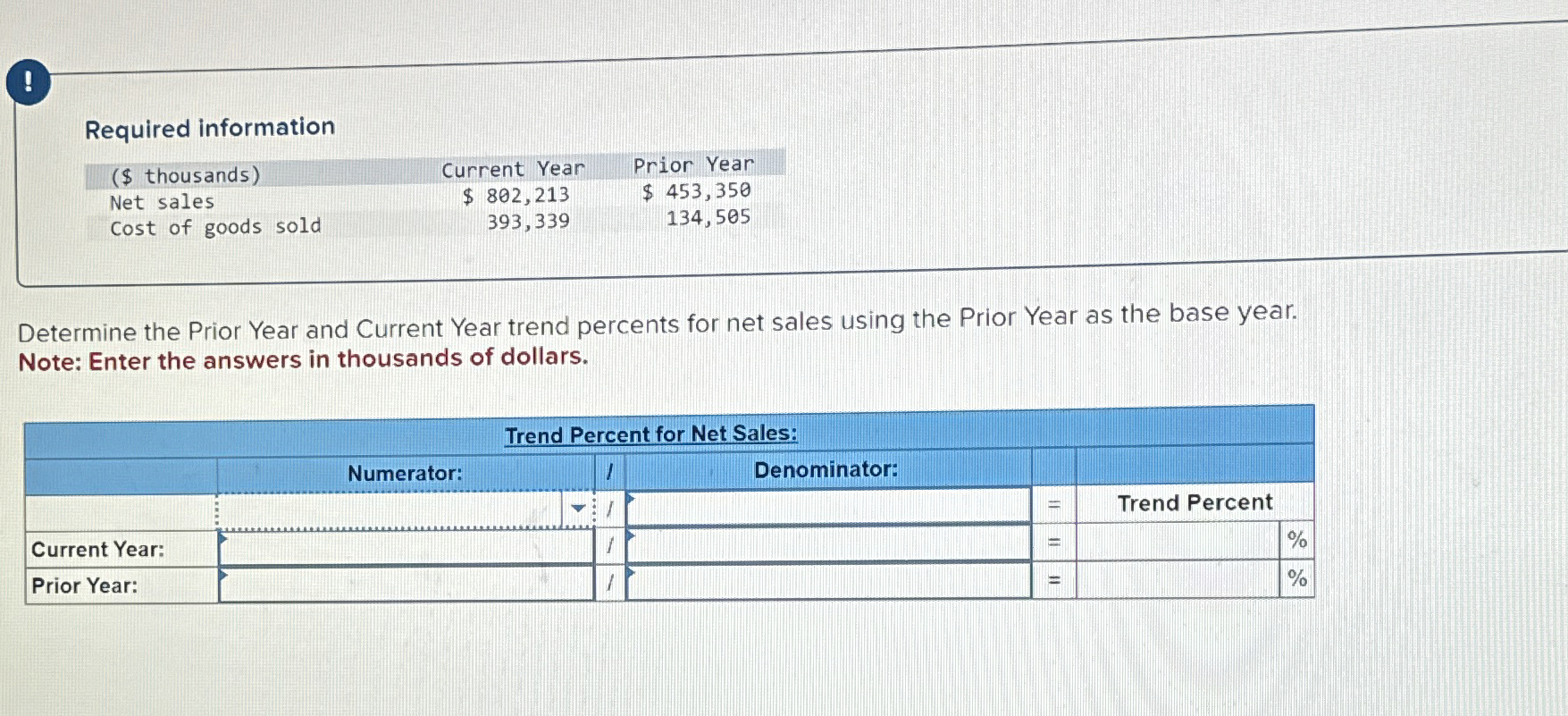  ! Required information \table[[($ thousands),Current Year,Prior Year],[Net sales,$802,213,$453,350 