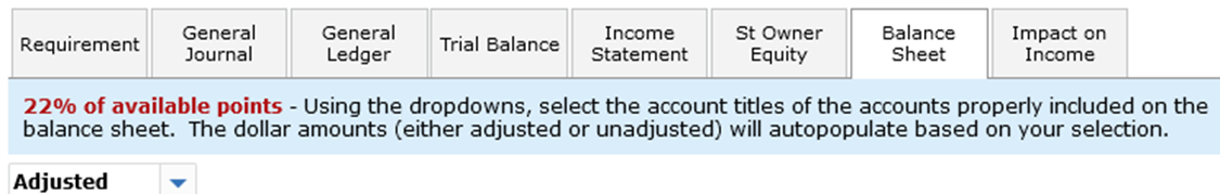\22 of available points - Using the dropdowns, select the account titles