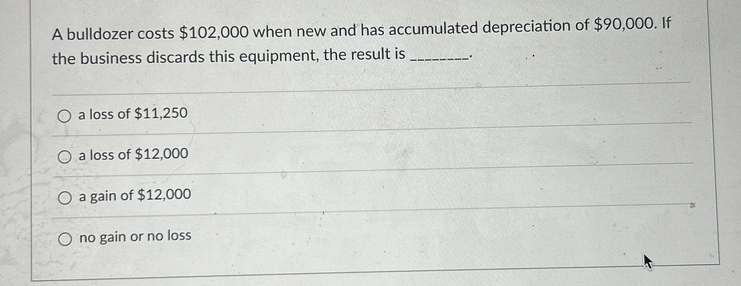  A bulldozer costs $102,000 when new and has accumulated depreciation of