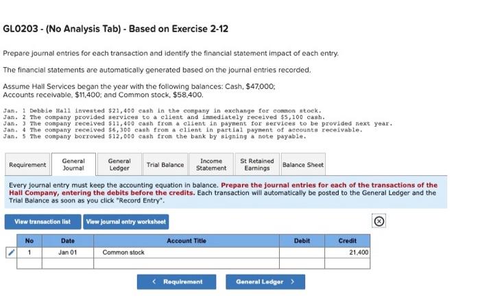  GLO203 - (No Analysis Tab) - Based on Exercise 2-12 Prepare