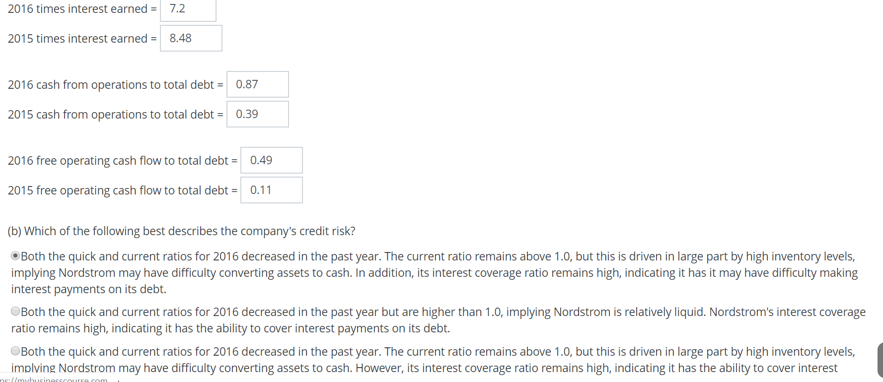 Inc. for 2016 and 2015 follows. ($ millions 2016 2015 Cash $