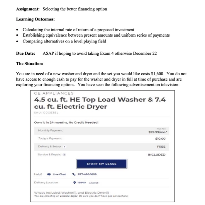  please help me Assignment: Selecting the better financing option Learning Outcomes: