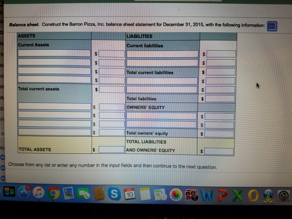December 31, 2015, with the following information Complete the balance sheet below: