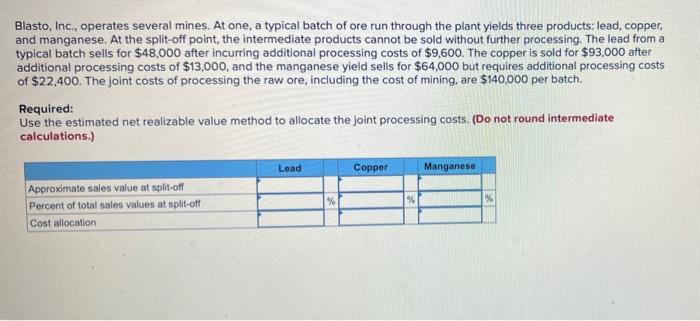  Blasto, Inc., operates several mines. At one, a typical batch of