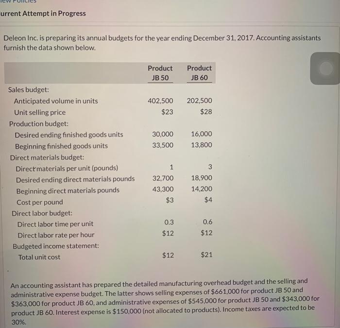  urrent Attempt in Progress Deleon Inc. is preparing its annual budgets
