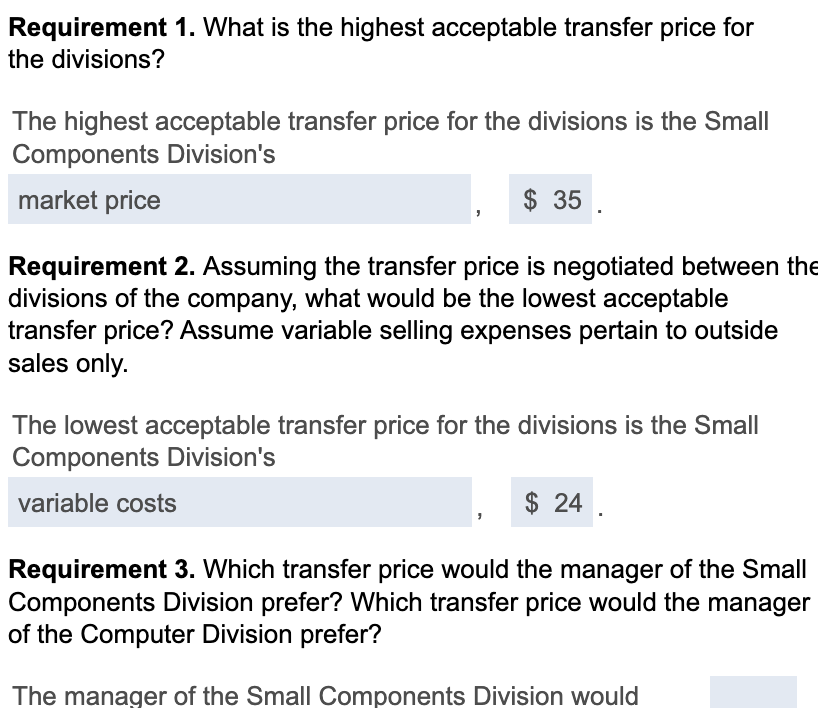 Which transfer price would the manager of the Small Components Division prefer?