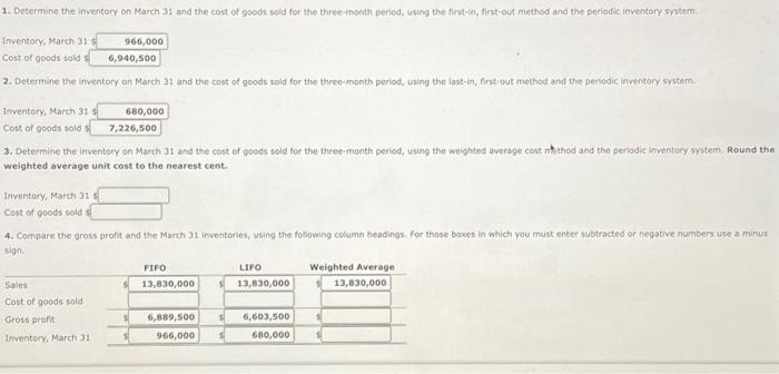 and data on purchases and sales for a three-month period ending March