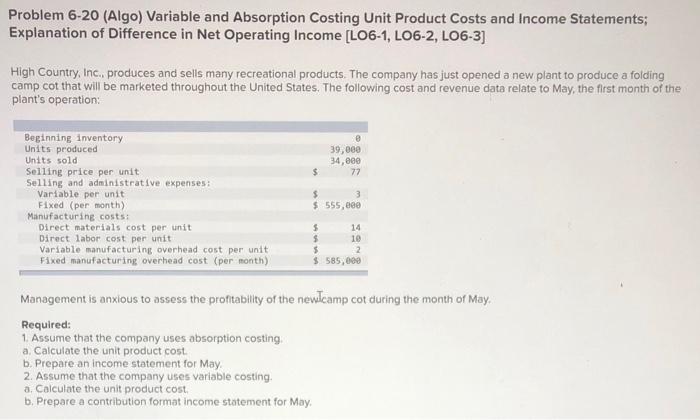  Problem 6-20 (Algo) Variable and Absorption Costing Unit Product Costs and
