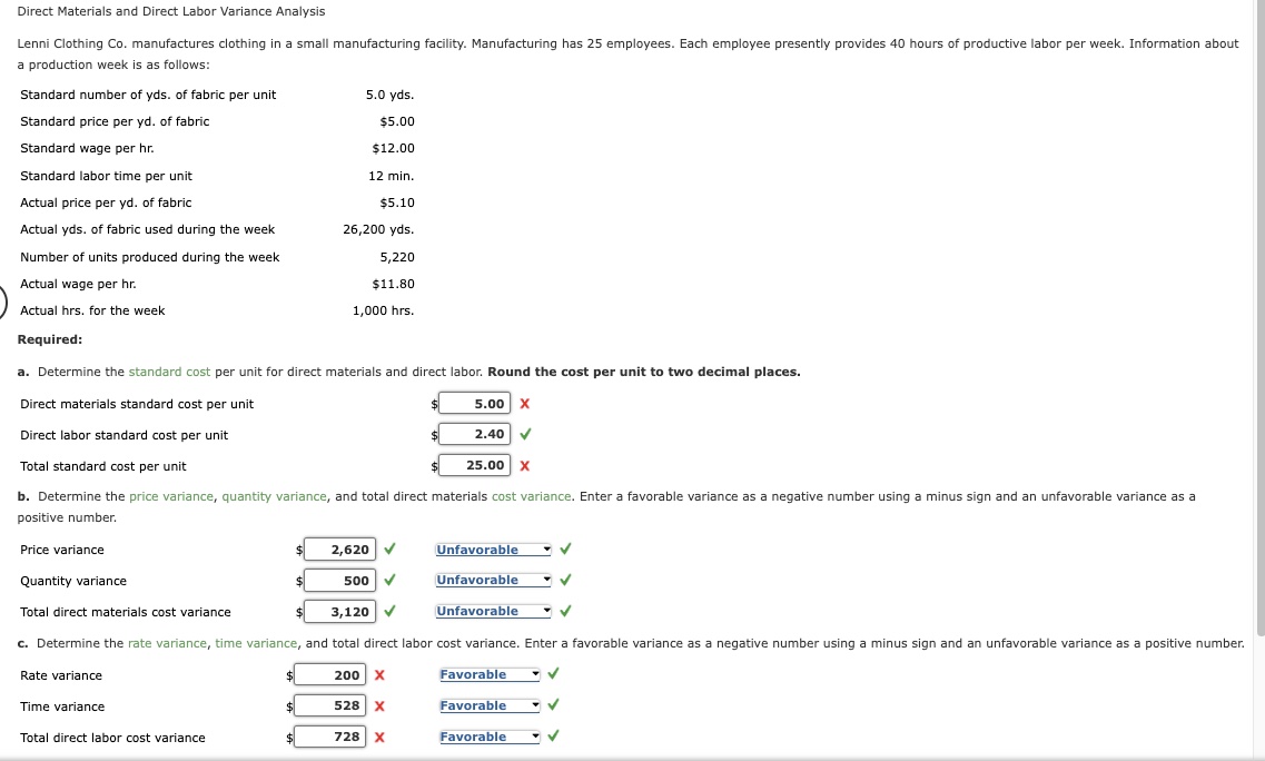  Direct Materials and Direct Labor Variance Analysis a production week is