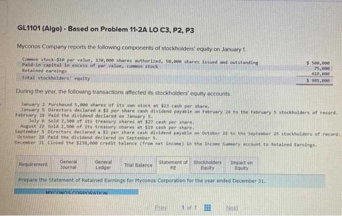  GL1101 (Algo). Based on Problem 11-2A LO C3, P2, P3 Myconos