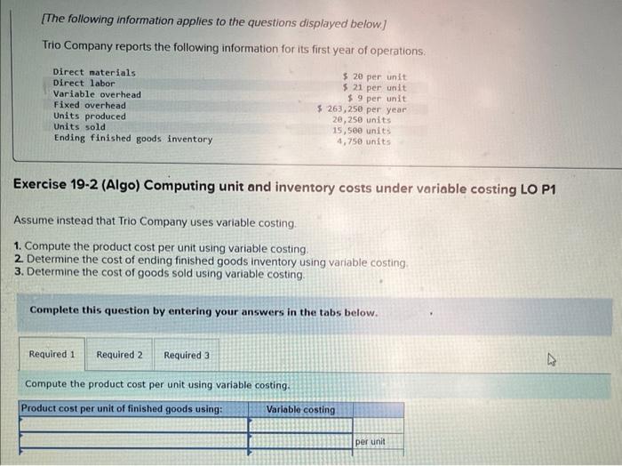 and inventory costs under absorption costing LO P1 1. Compute the product