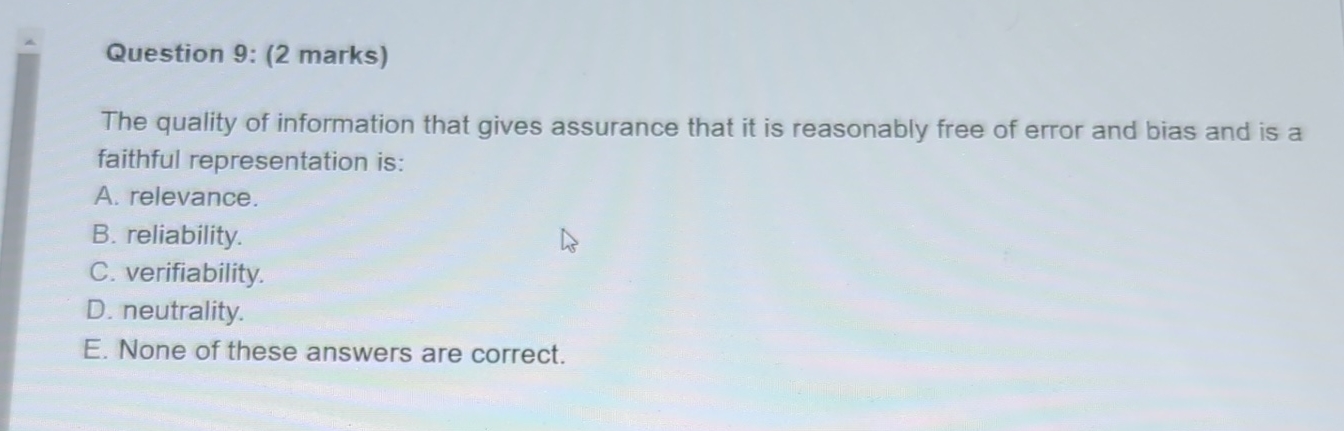  Question 9: (2 marks) The quality of information that gives assurance