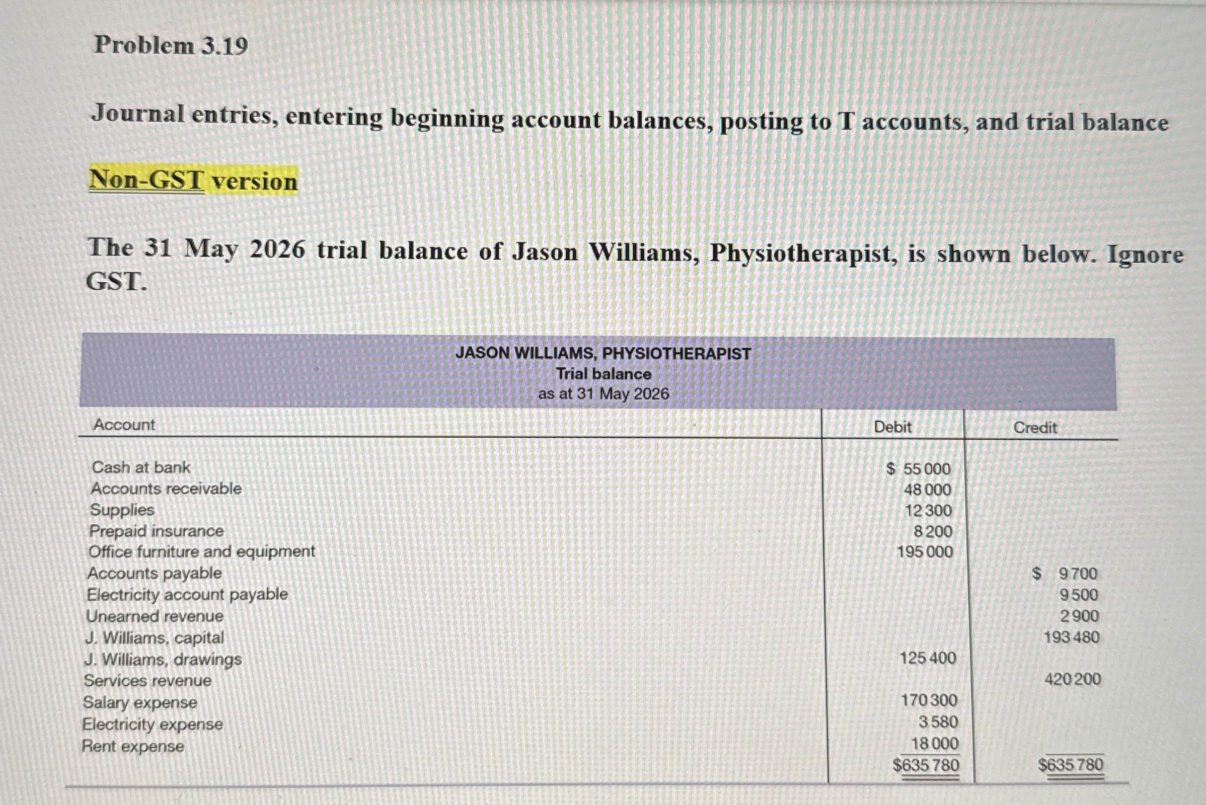  Problem 3.19 Journal entries, entering beginning account balances, posting to T