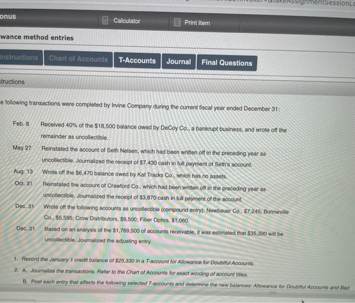  mentSession onus Calculator Print Item wance method entries Instructions Chart of