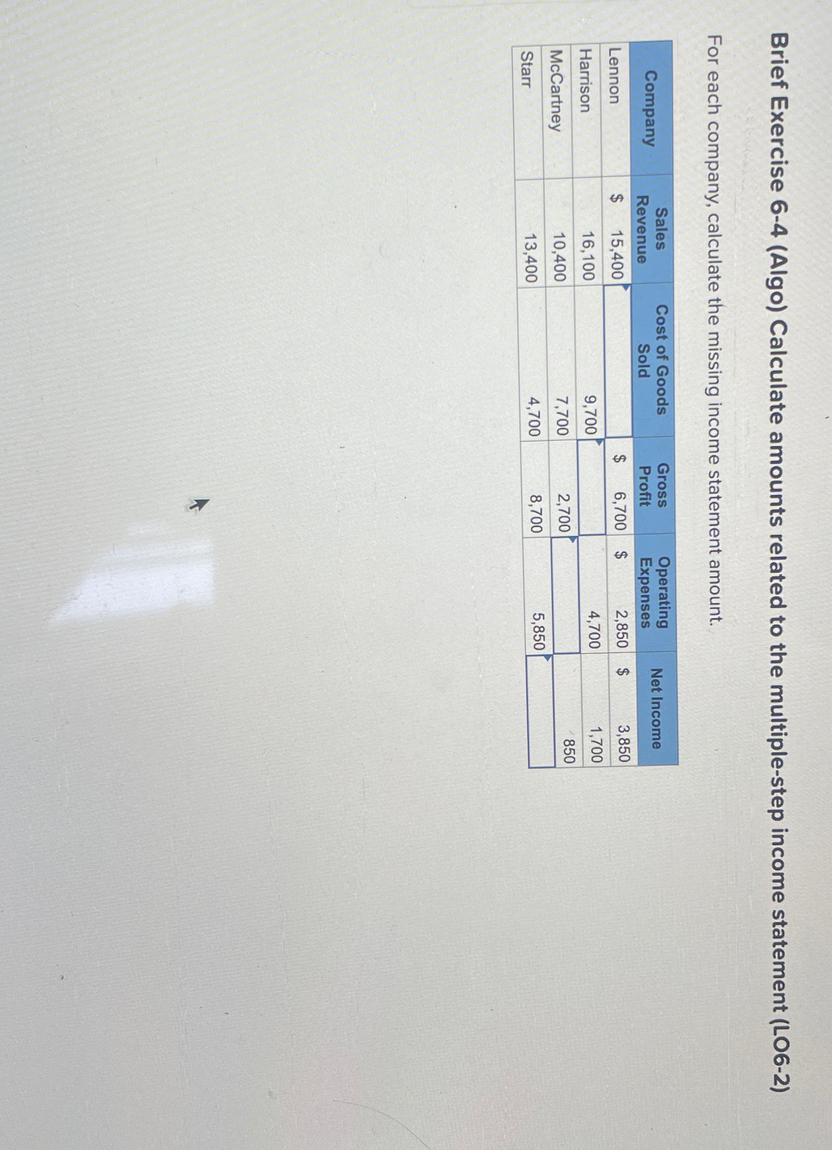  Brief Exercise 6-4(Algo) Calculate amounts related to the multiple-step income statement