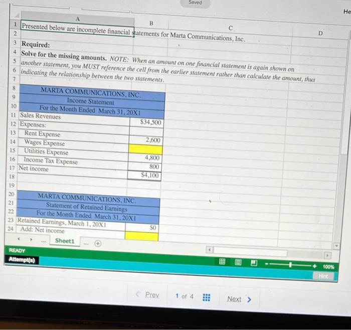Marta Communications, Inc. has provided incomplete financial statements for the month ended