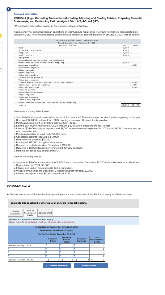 Transactions (Including Adjusting and Closing Entries), Preparing Financial Statements, and Performing Ratio