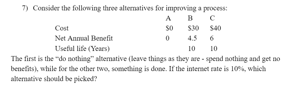 7) Consider the following three alternatives for improving a process: Cost