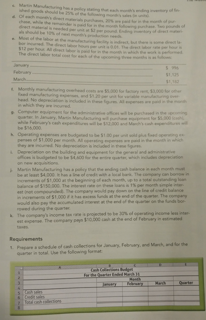 budgeting problem (Learning Objectives 2 & 3) Martin Manufacturing is preparing its
