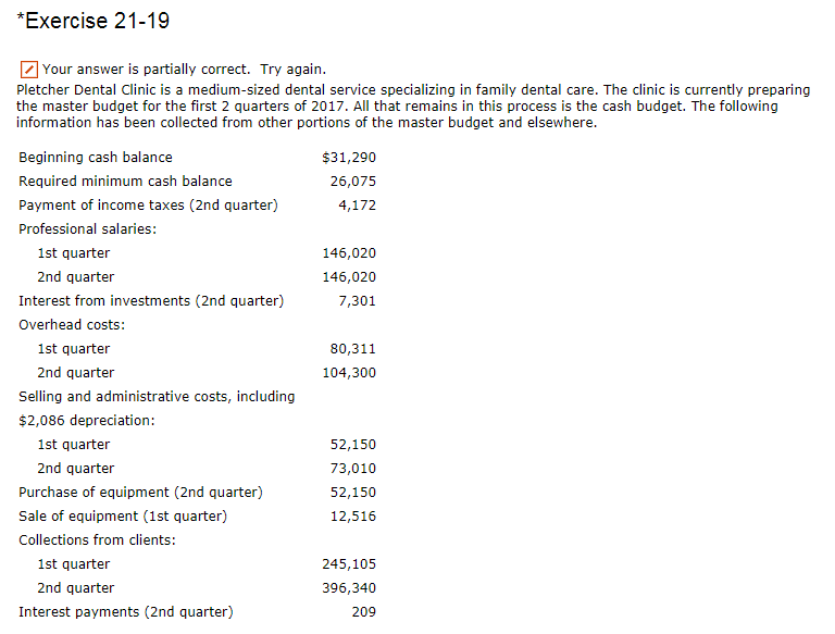 Exercise 21-19 Your answer is partially correct. Try again Pletcher Dental