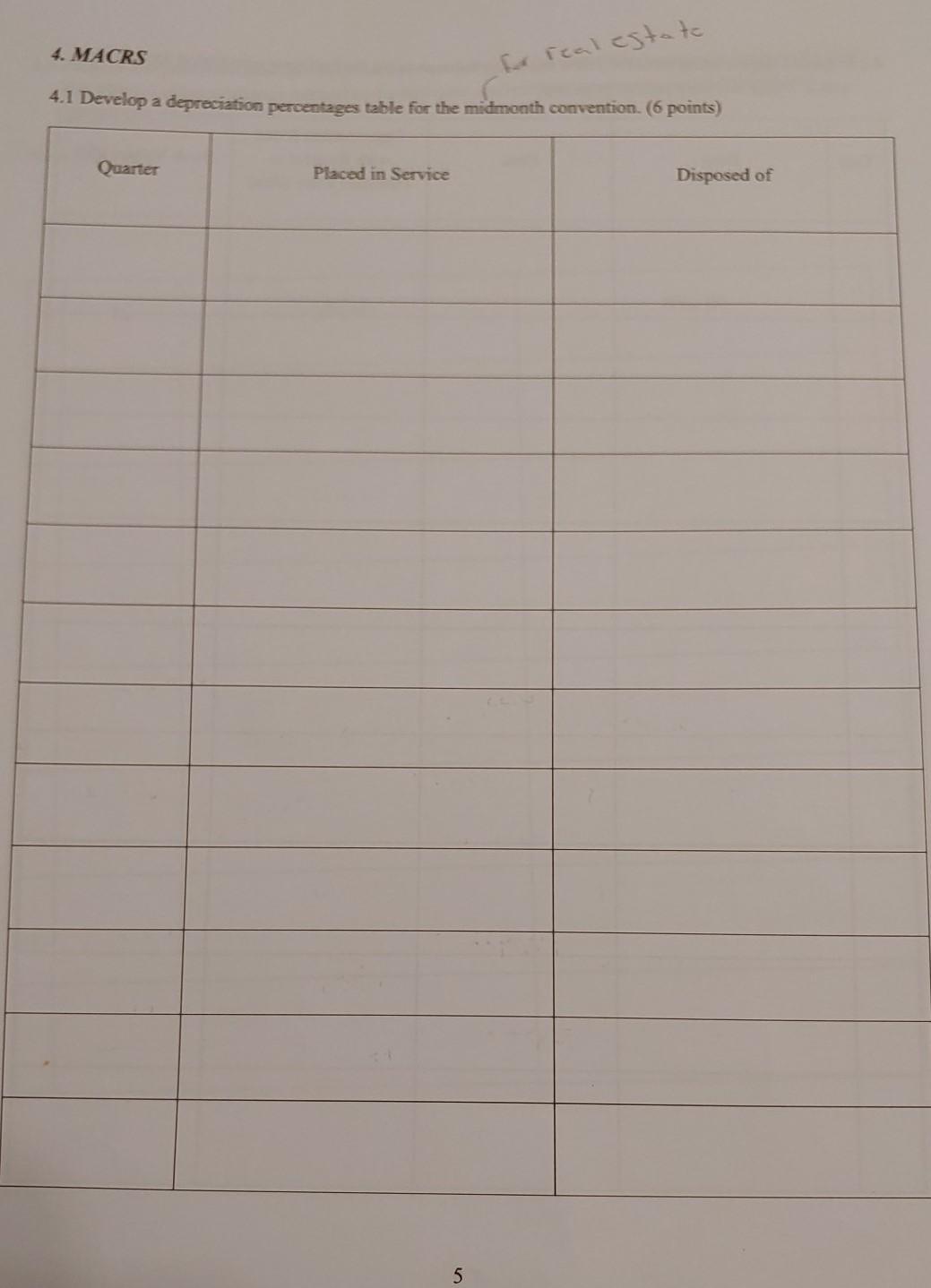 Old MathJax webview 4. MACRS or real estate 4.1 Develop a depreciation