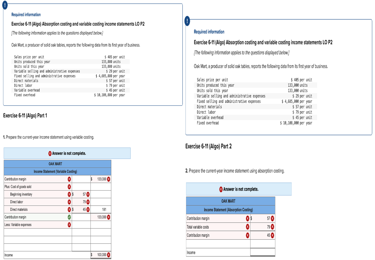  Exercise 6-11(Algo) Absorption costing and variable costing income statements LO Oak