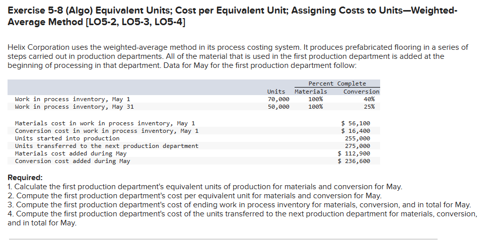 Exercise 5-8 (Algo) Equivalent Units; Cost per Equivalent Unit; Assigning Costs