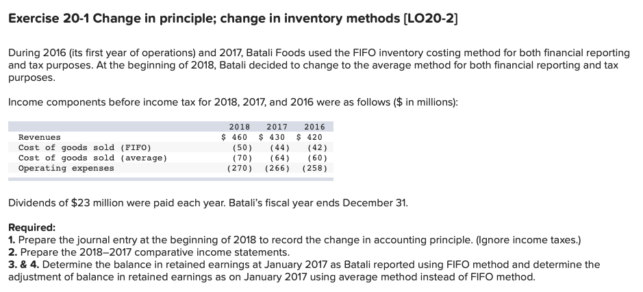  Exercise 20-1 Change in principle; change in inventory methods (LO20-2] During