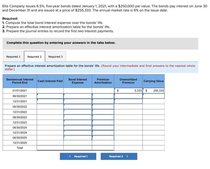  Ellis Company issues 6.5%, five-year bonds dated January 1, 2021, with