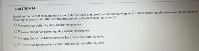 NEED HELP ASAP QUESTION 14 Based on the current ratio and debt