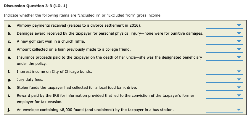 a. c. Discussion Question 3-3 (LO. 1) Indicate whether the following