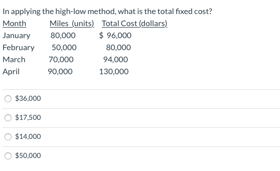  In applying the high-low method, what is the total fixed cost?